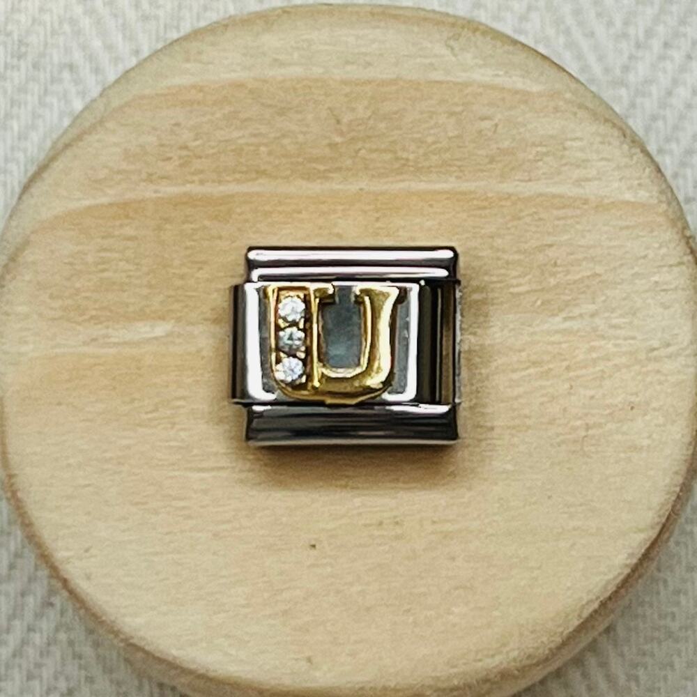 Gold Diamond Letter U Italian Charm Bracelet Link